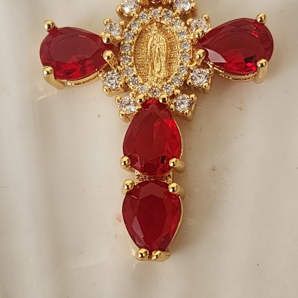Gold Steel Cross Pendant Crystal Simulated Red Ruby Stones and Virgin Ma… - Picture 4 of 8